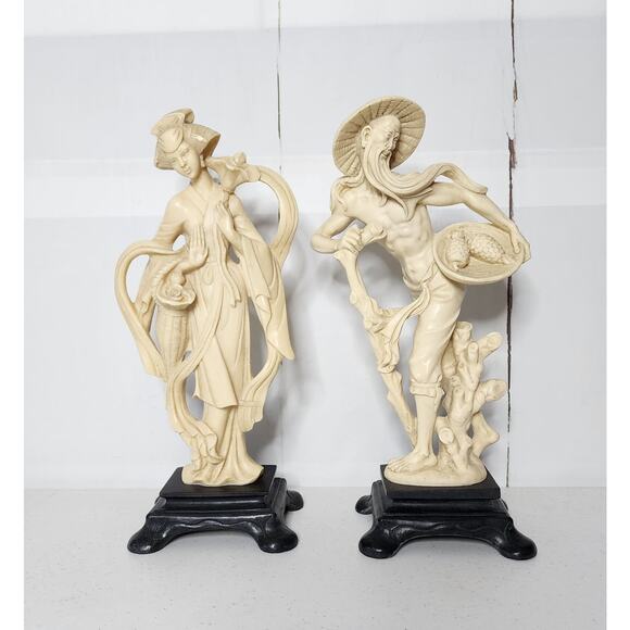 Vintage Santini Asian Imperial Couple Floral Fruit Alabaster Sculptures - Picture 1 of 13